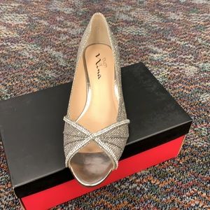 COPY - Touch of Nina silver sparkly wedges peep t…